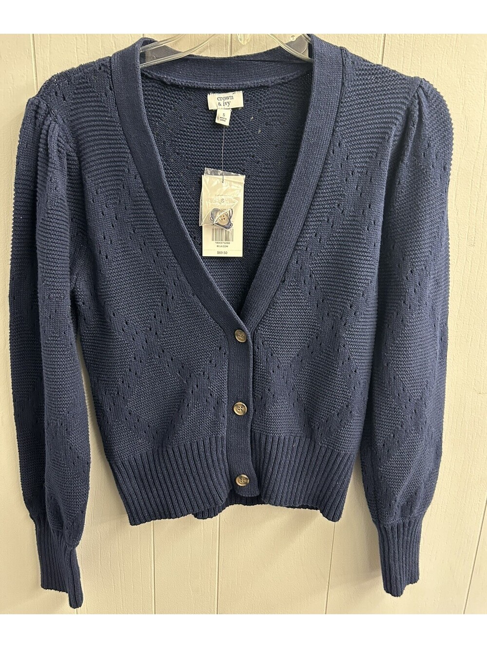 Crown & Ivy Cardigan Sweater. Deep V Neck. Navy Blue. Size Small. NWT.